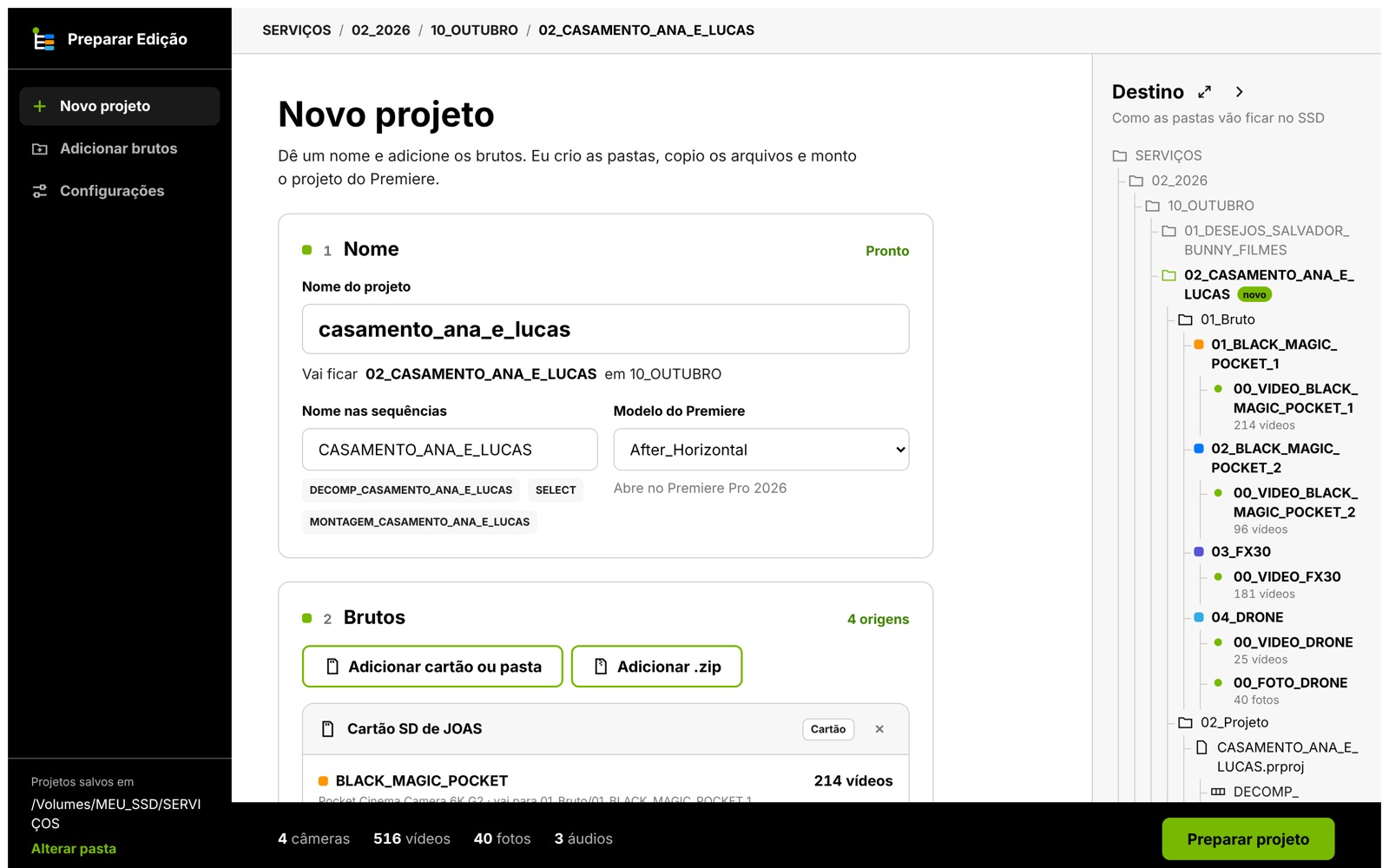 Tela Novo projeto do Preparar Edição, com a árvore de pastas do destino